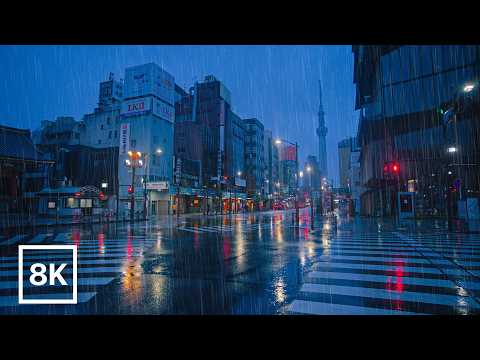 Midnight Rain To Dawn In Asakusa 8K 60fps HDR Rain Ambience No Music Binaural Audio