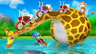 Giant Magical Long Neck Giraffe Ride with Wooden Bikes by Funny Animals | Elephant Monkey Gorilla
