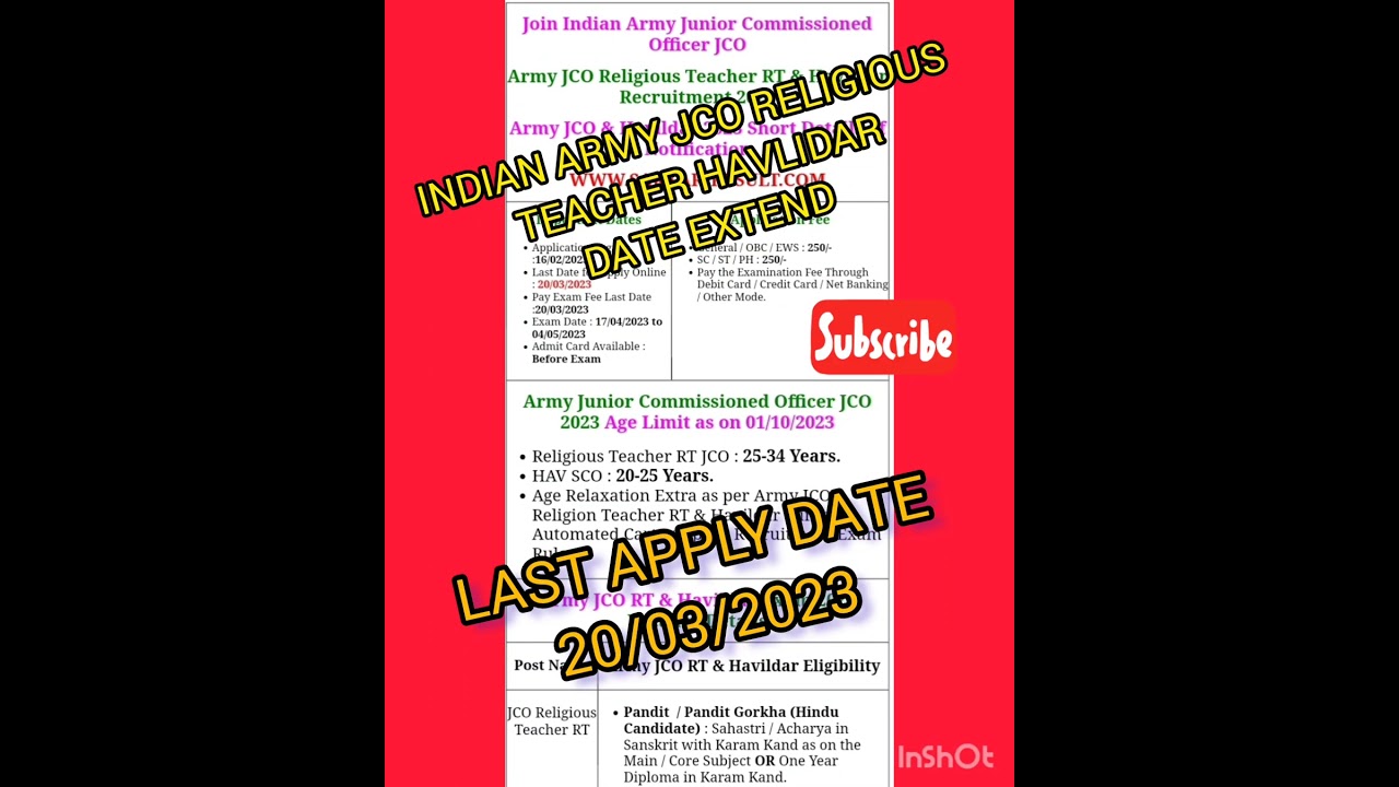 Army JCO Religious Teacher, Havildar Online Form 2023 Extended 