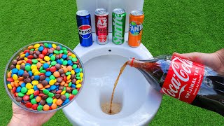 Experiment !! M&amp;M Candy VS Big Coca Cola, Pepsi, Fanta, Sprite Popular Sodas and Mentos in toilet