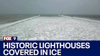 Historic Lake Michigan lighthouses encased in ice