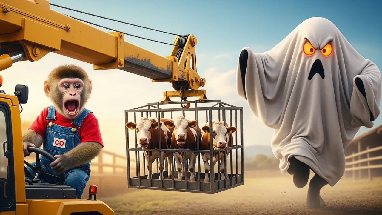 Monkey CO Drives the Crane to Rescue the Cow from the Spooky Ghost on Halloween 🐒🐮| CO MONKEY TEAM