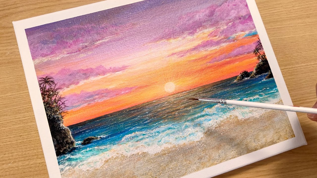 Sunset beach / How to draw a sunset beach with acrylic paint - YouTube