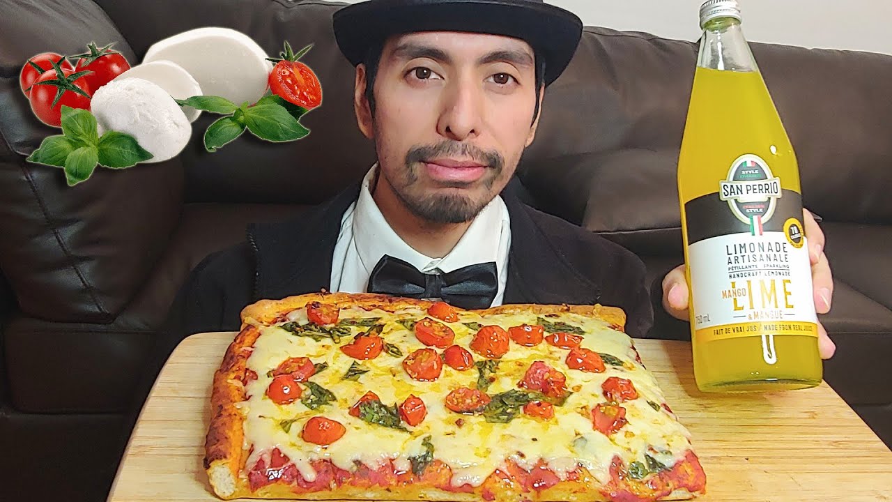 CHEESY TOMATO BASIL PIZZA WITH CLASSY MANGO LIME ITALIAN SODA MUKBANG