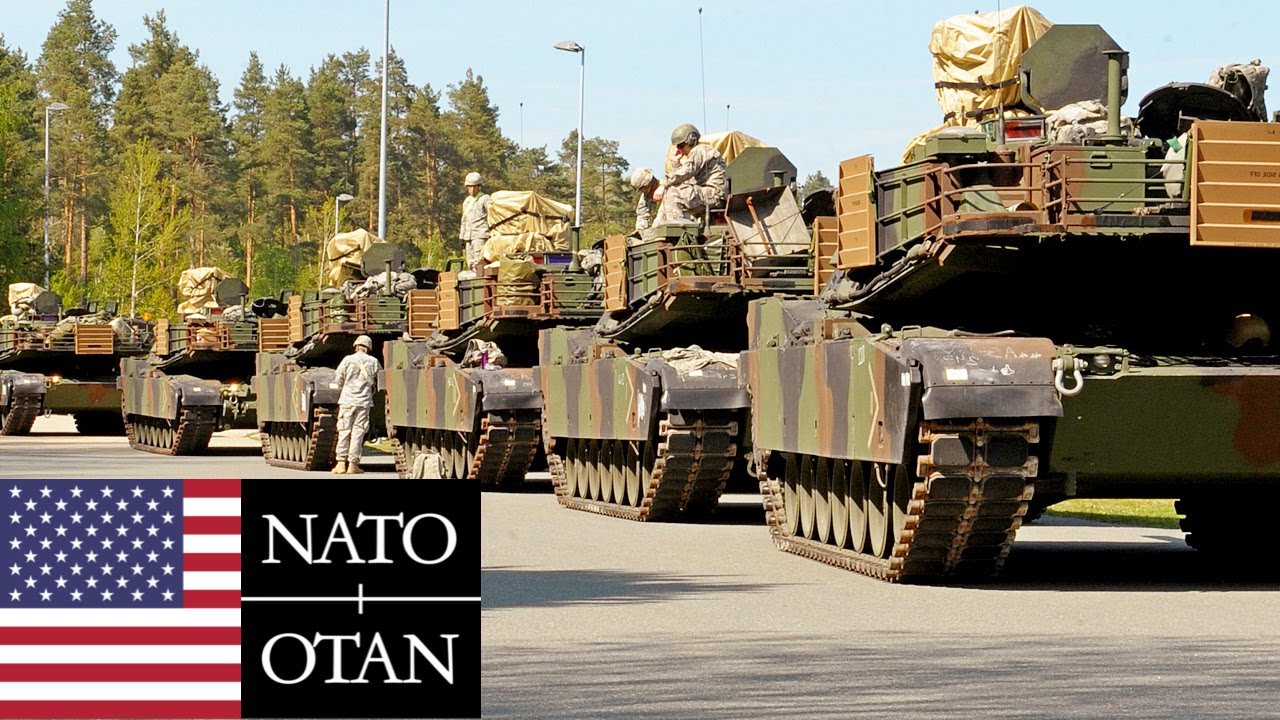 US Army, NATO. M1A2 Abrams tanks during joint military training in ...