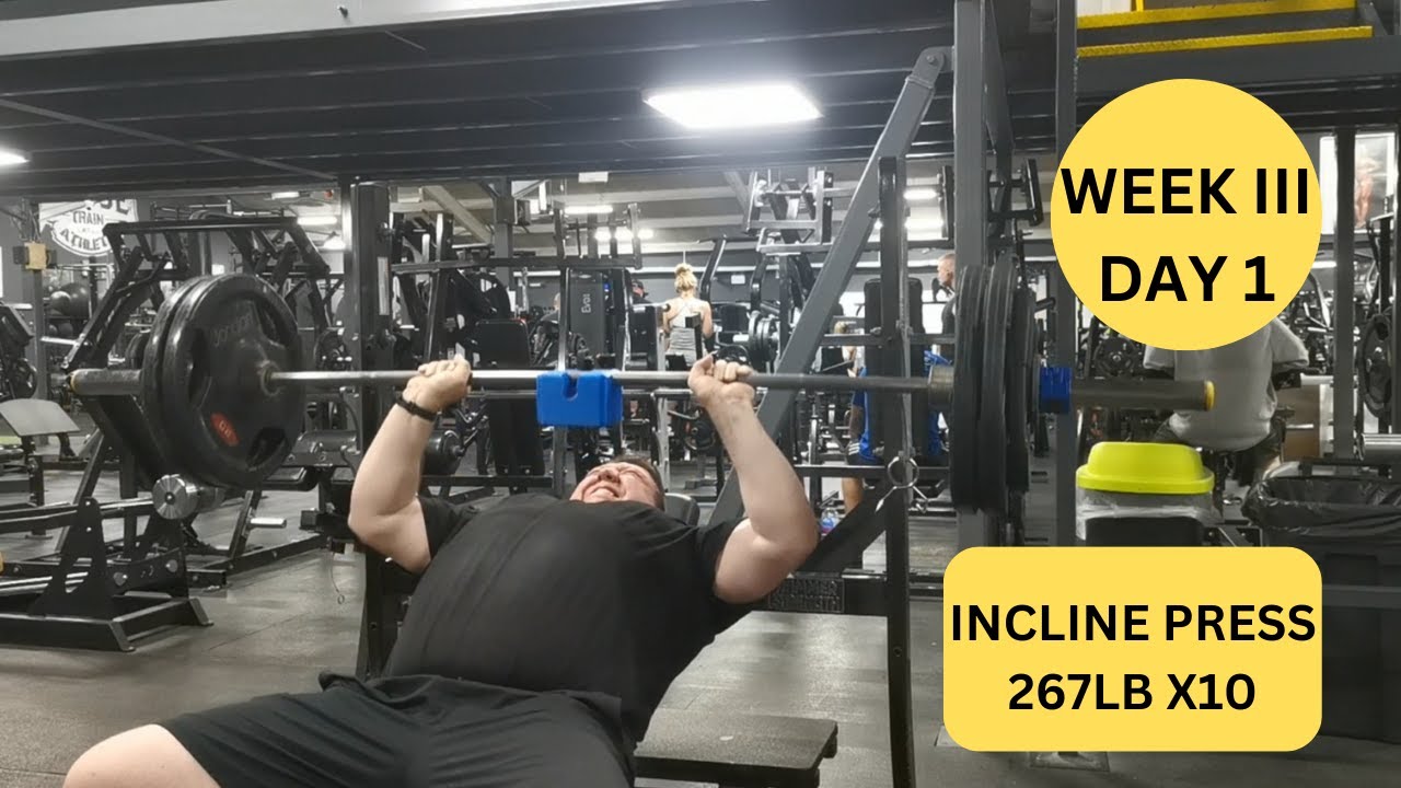 Week 3, Day 1 Log Push Press 120kg/265lb x5, Close Grip Incline Board