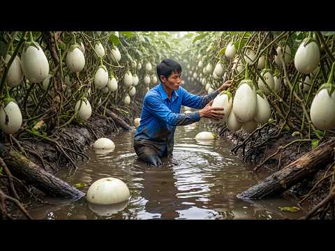 Cosechando Más de 999 KG de Berenjenas Blancas para Llevarlas al Mercado y Venderlas