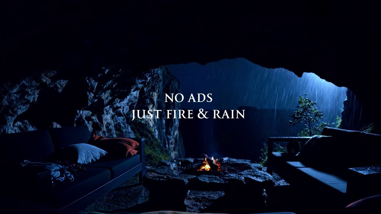 No Ads - Rain Outside Cave Shelter | Fire Inside | Peaceful Sleep Sounds