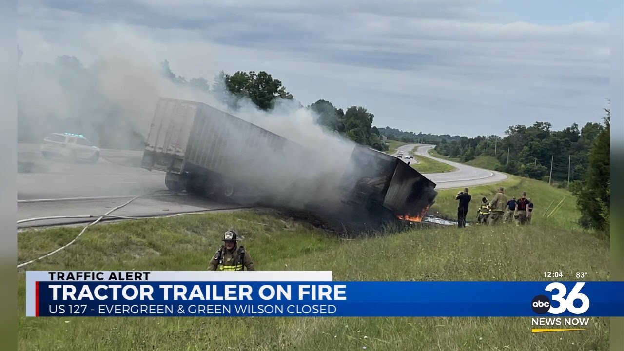 Tractor trailer on fire outside Frankfort - YouTube