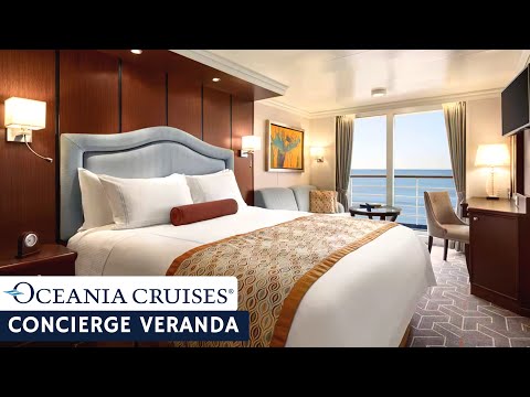 Oceania Marina Concierge Level Veranda with Large Veranda walkthrough tour