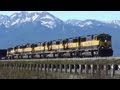 Heavy duty Alaska Railroad Coal train with 7 engines at Anchorage.