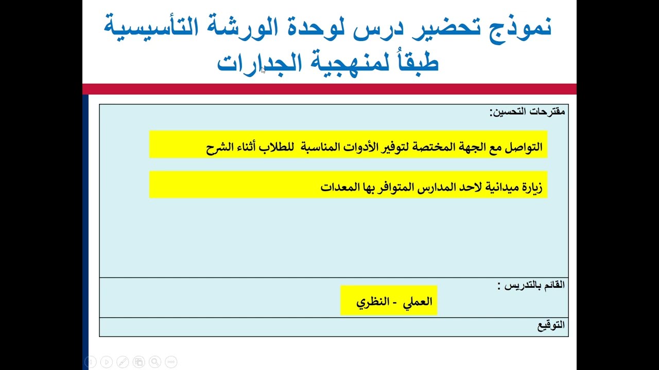 نموذج تحضير درس لاحد مخرجات التعلم لوحدة الورشة  التاسيسية وفقا لمنهجية الجدارات -د- السيد حامد