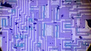 70s integrated circuit under a metallurgical microscope.