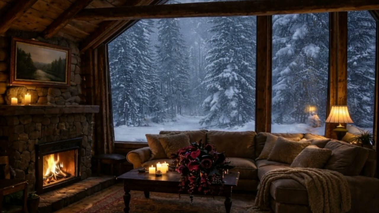 Cozy Winter Cabin Fireplace ❄️🔥 Snowfall & Crackling Fire | Relaxing Ambient Video