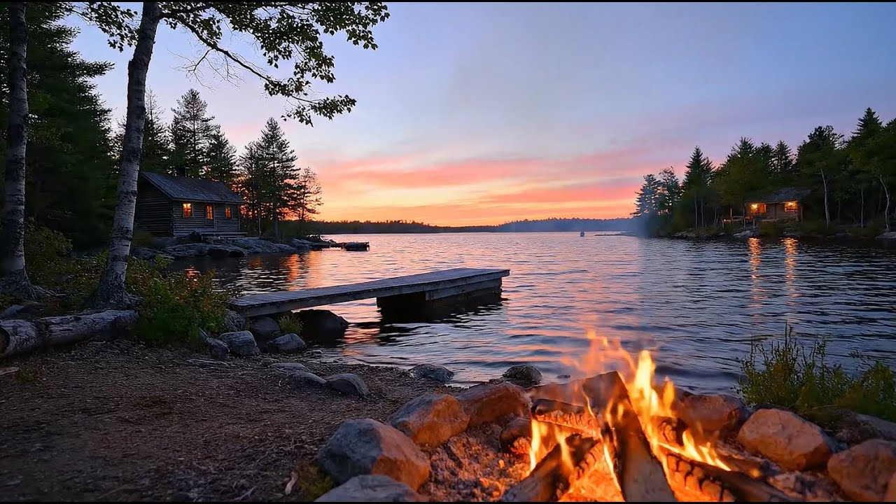 Maine Lake at Sunset with Crackling Fire & Nature Ambience | For Relaxation, Meditation, & Nostalgia