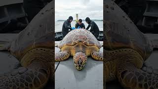 Scuba Diver Cleaning Barnacles On Turtle Shell