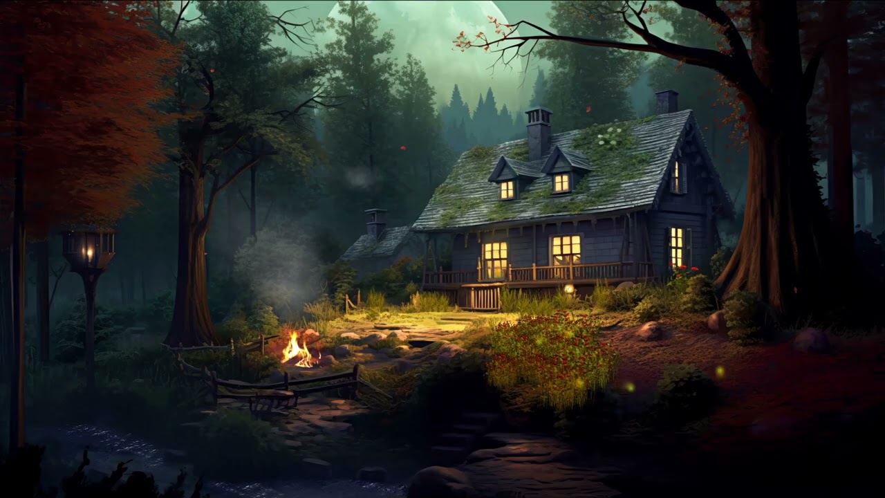 Lagerfeuer im Wald, mit Gitarrenmusik zum Einschlafen. Chillout music in the forest.