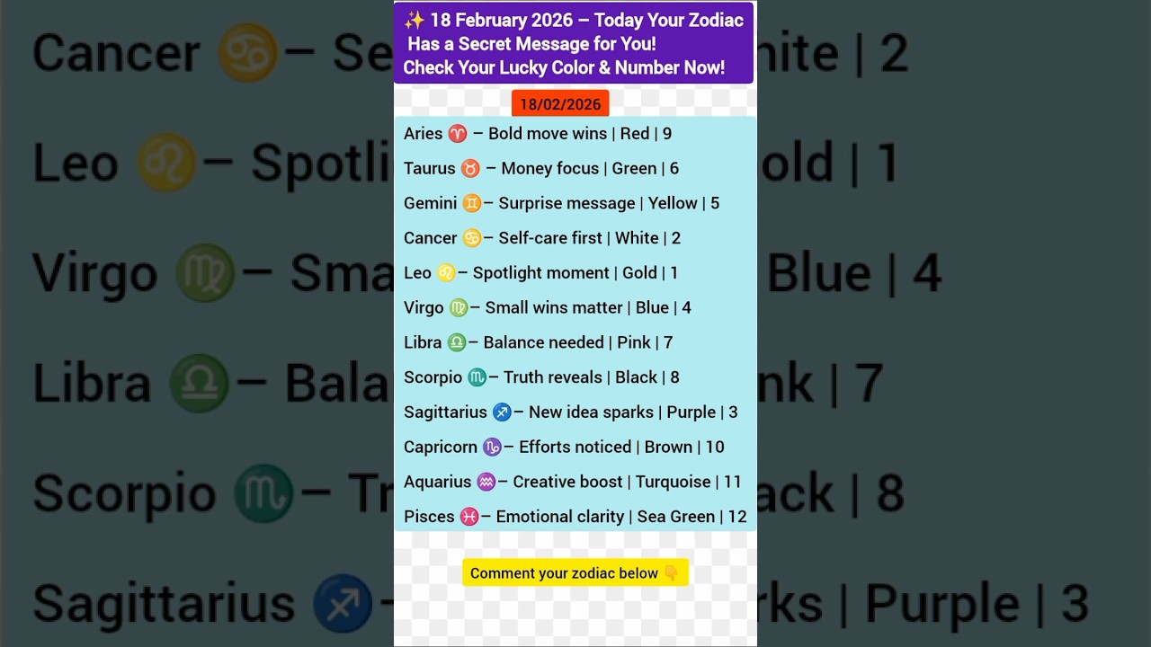 Your sign = Your vibe today 🔮Find your lucky color & number for 18/02/2026 ✨