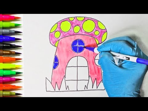 Mushroom House Drawing and Coloring for Kids. How to Learn to Draw and ...