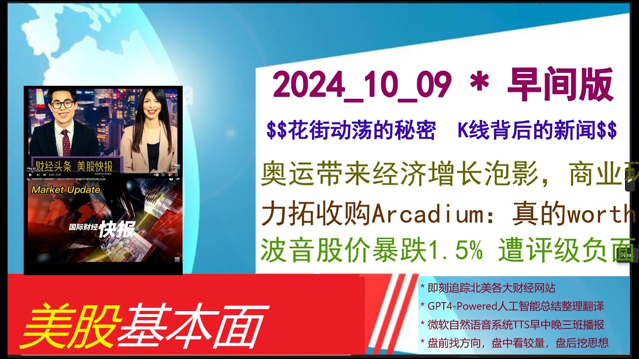 美股基本面- 2024_10_09 * 早间版* 奥运带来经济增长泡影，商业环境不确定性升温。力拓收购Arcadium：真的worth it吗？。波音股价暴跌1.5%  遭评级负面警告！ - YouTube