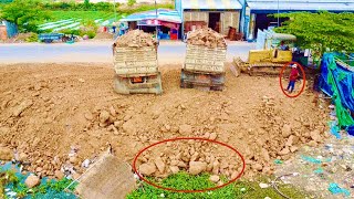 Update project Bulldozer D31P pushing mountain stone,soil &dump truck delivery to delete lotus lake