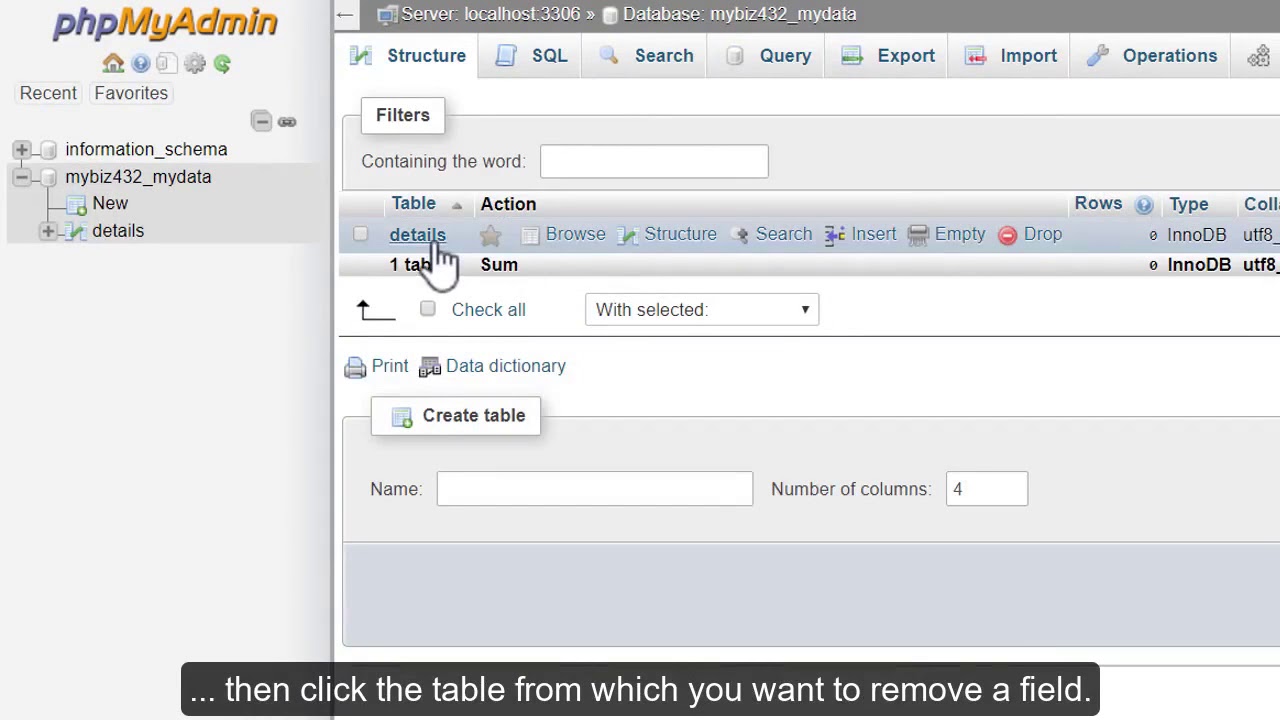 Deleting fields from database tables with phpMyAdmin.