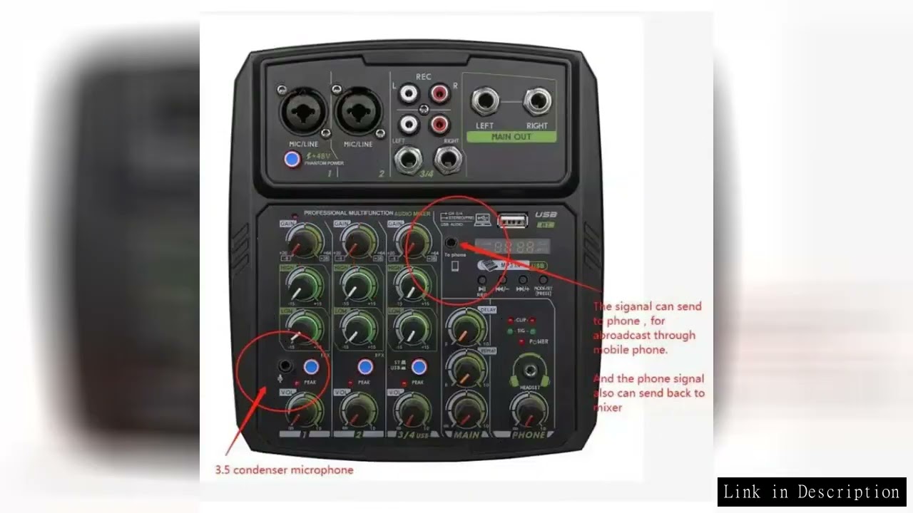 6-Channel Audio Mixer, DJ Mixer with USB Audio Interface, Bluetooth Function, 16 DSP Effects, and 3-