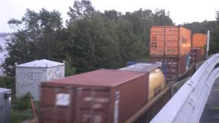 CN 2248 Leads Stack Train 121 w/BC Rail Unit Leaving Rockingham Yard (Aug 26, 2014)