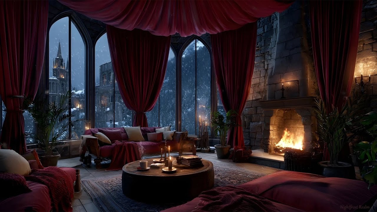 Highwinter Castle Common Room 🔥❄️ Fireplace & Snowfall for Deep Relaxation | 8 Hours Winter Ambience