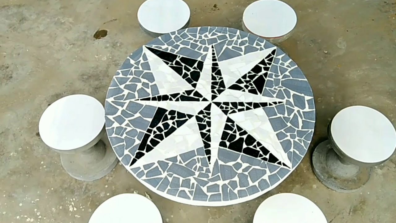 Make unique garden tables and chairs with cement and broken bricks # 26