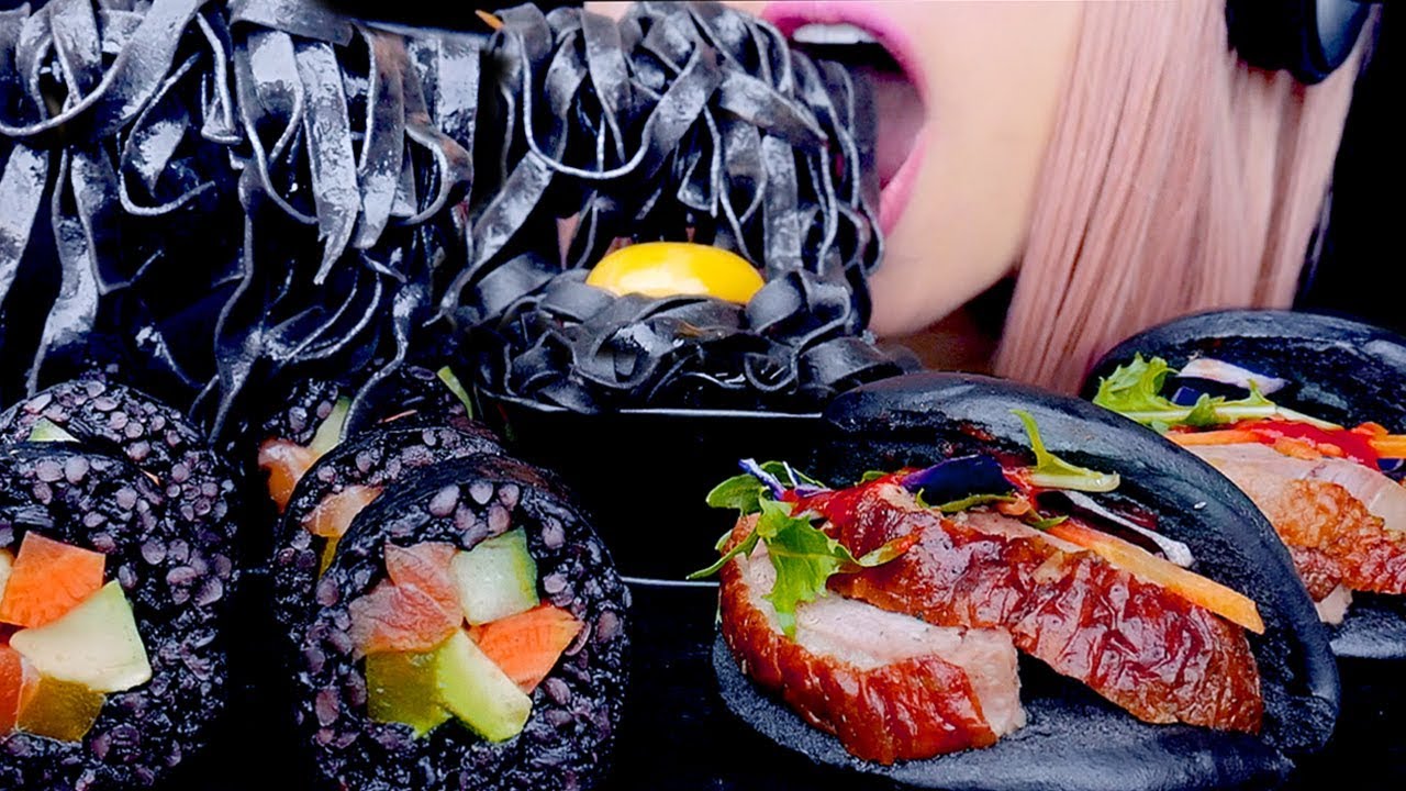 ASMR BLACK SUSHI, PASTA, BAO | Eating Sounds *No Talking* 먹방