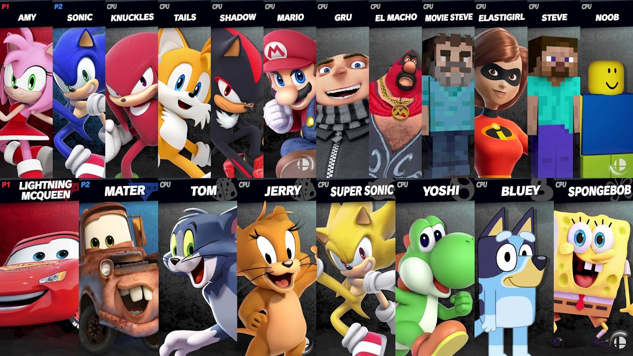 Sonic vs Mario vs Yoshi vs SpongeBob vs Mcqueen vs Mater vs Tom vs Jerry |  Super Smash Bros Ultimate