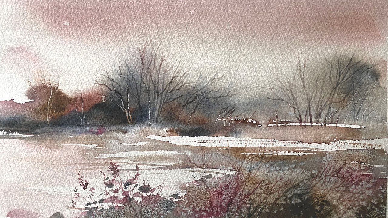 USE SALT! Paint A HOLIDAY CARD, FROSTY WINTER WETLAND Watercolor Landscape Painting Watercolour DEMO