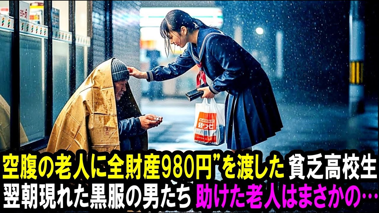 空腹の老人に全財産980円を渡した貧乏高校生。 翌朝現れた黒服の男たち。助けた老人はまさかの・・・