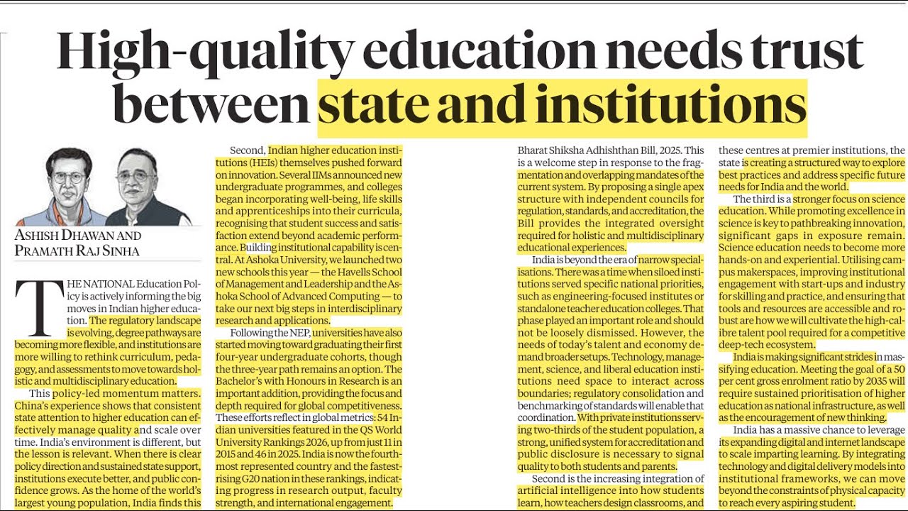 High‑Quality Education in India: Trust Between State & Institutions | English Newapaper Reading