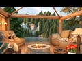 Spring cozy terrace ambience with first birdsong lake waves and relaxing crackling fireplace