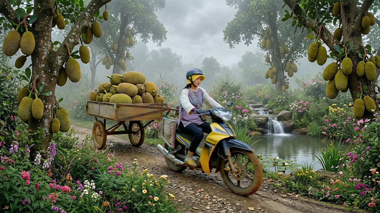 Harvest A Truckload Of Jackfruit-Ripen Them By Inserting Wooden Pegs Into The Stems  For Market Sell