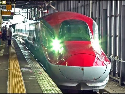 新幹線下り「スーパーこまち」「はやぶさ」盛岡駅到着。E6系,E5系。Shinkansen