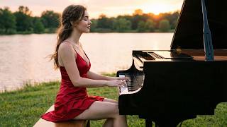 Beautiful Woman Plays Grand Piano by a Calm Lake at Sunset – Relaxing Instrumental Music screenshot 5
