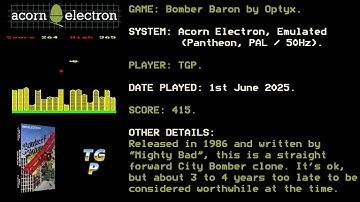 Bomber Baron - Optyx Software - Acorn Electron - Emulated (Pantheon) 415 points.