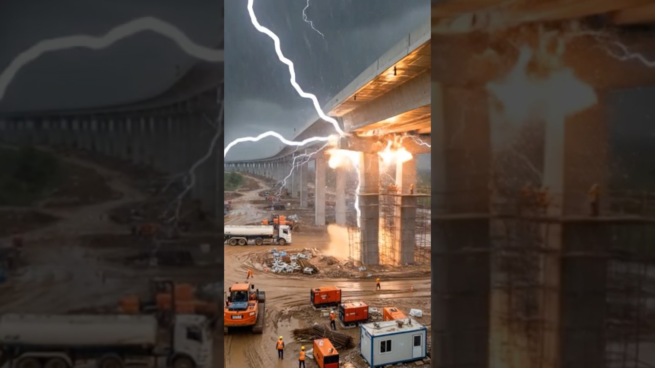 Bridge Collapse During Thunderstorm! Lightning Strikes as Massive Concrete Structure Fails