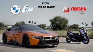 Yamaha XMAX 300 With Tuned Pistons vs BMW i8 Stock Car, DRAG RACE [ENG CC]