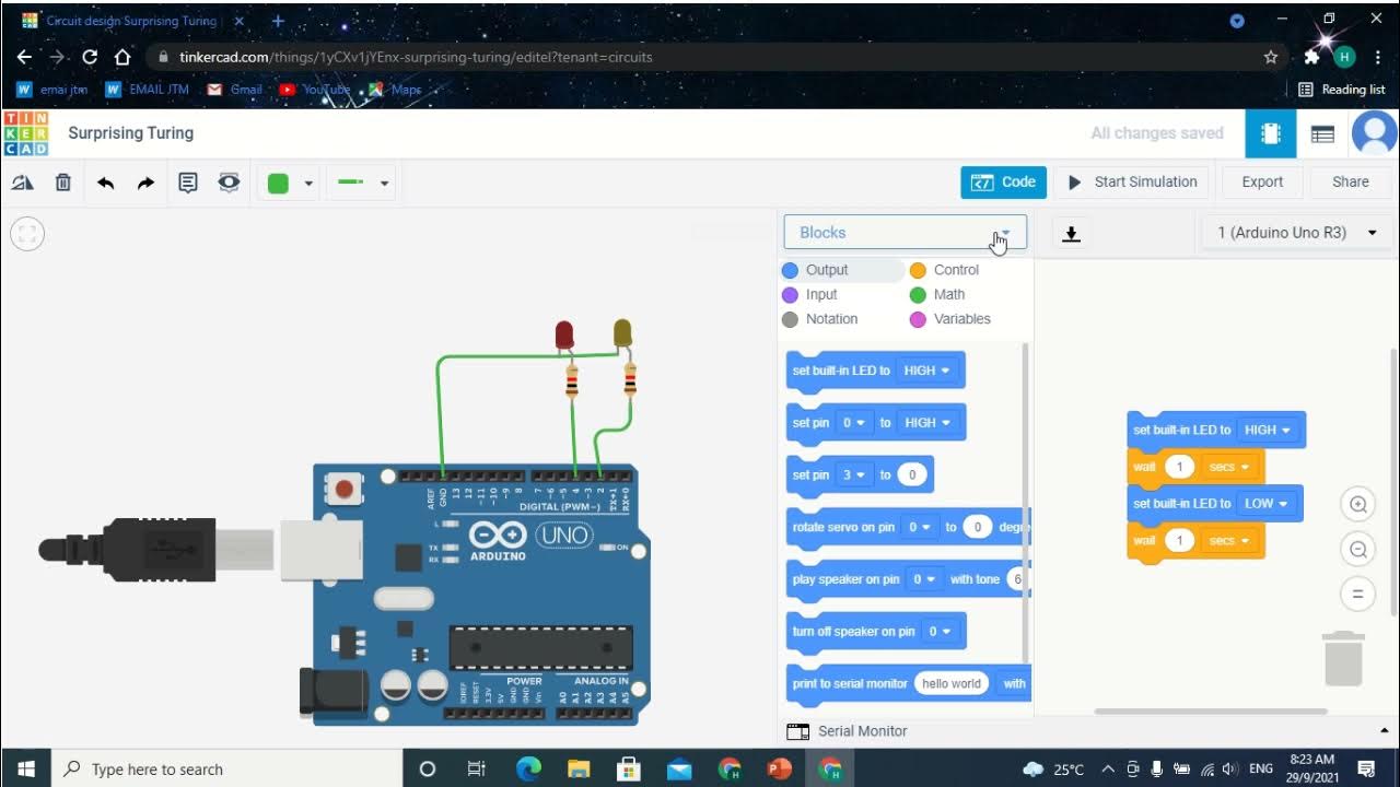 cara buat simple arduino circuit diwebsite thinkerCAD - YouTube