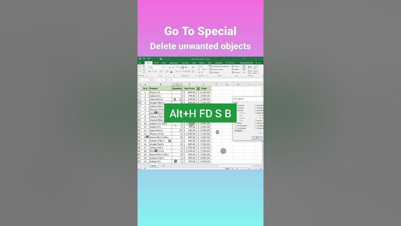 Delete unwanted objects in excel with Find & Select. shorts excel 
