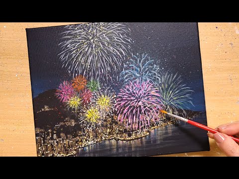 Fikushima氏による 花火のアクリル画 How to draw [fireworks] with acrylic paint/acrylic painting for