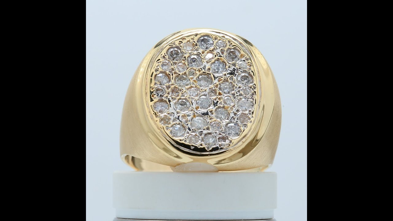 Large Oval Men's Diamond Cluster Satin Finish Ring in 14k Yellow Gold