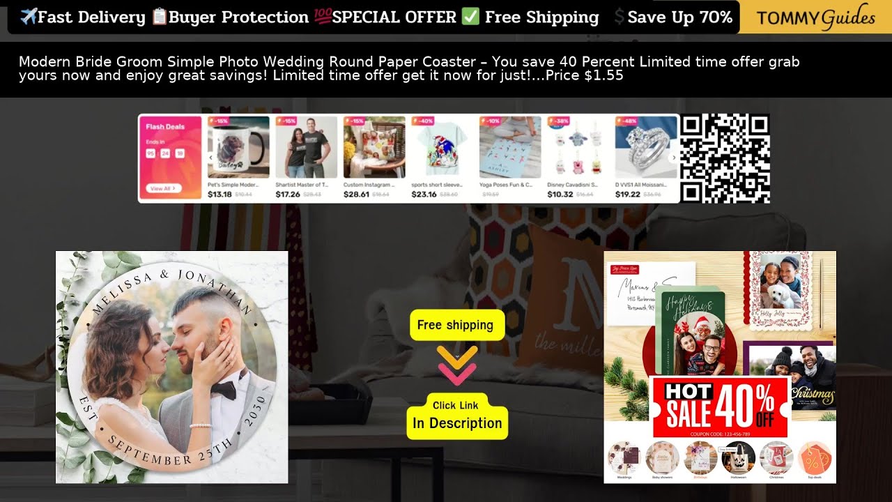 Modern Bride &amp; Groom Simple Photo Wedding Round Paper Coaster 