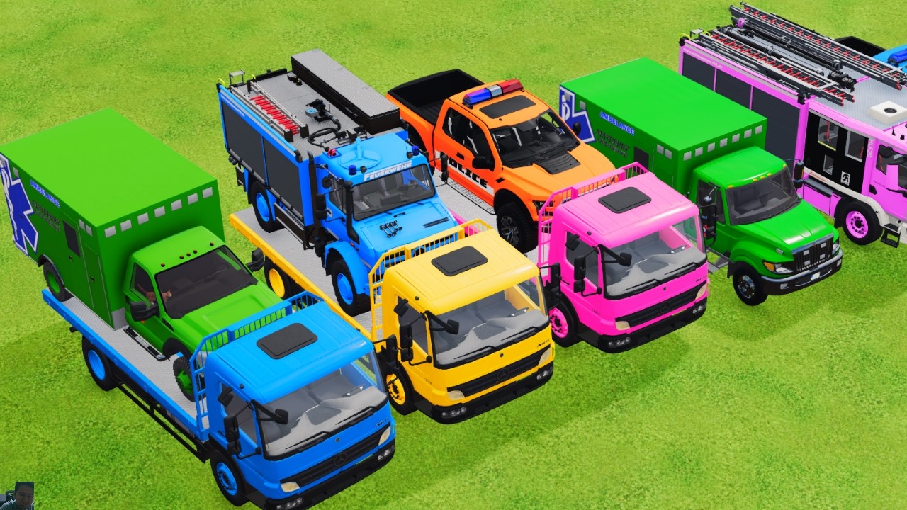 TRANSPORTING POLICE CARS, AMBULANCE, FIRE TRUCK, COLORFUL CARS WITH TRUCK GAME FARMING SIMULATOR 22