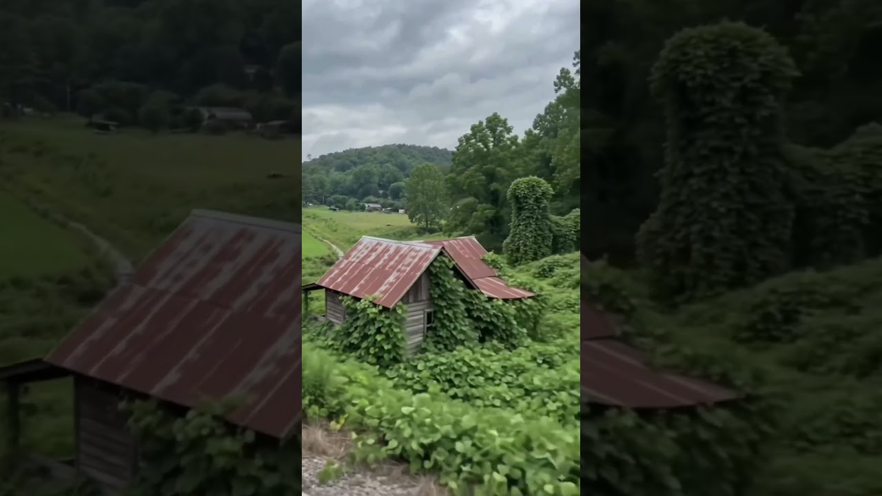 Weeds sure do grow fast when watching from a slow moving train, as they cover an abandoned house!