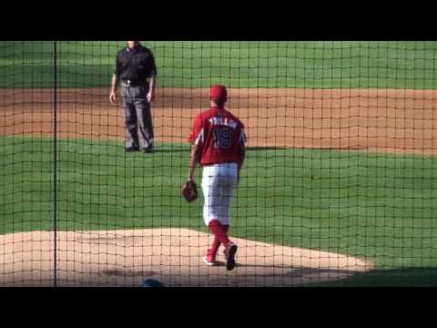 While catching Jameson Tallion in the 2009 AFLAC All-American, catcher Bryce Harper throws out Trey Griffin on a base stealing attempt.